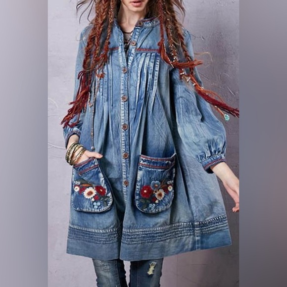 Keer Qiaowa Dresses & Skirts - Keer Qiaowa Denim Dress Floral Embroidered Tunic